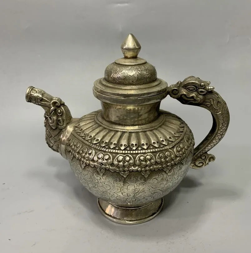 Archaize White copper Tibetan teapot crafts statue