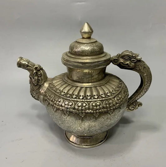 Archaize White copper Tibetan teapot crafts statue
