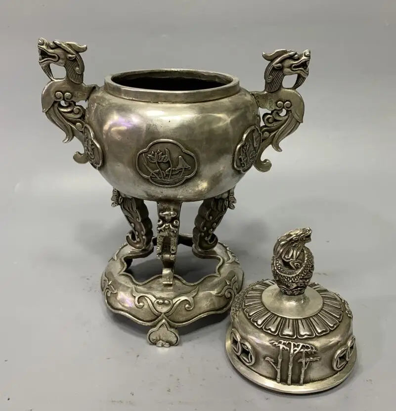 Archaize White copper double dragon ear Incense burner crafts statue