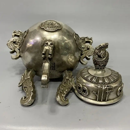 Archaize White copper double dragon ear Incense burner crafts statue