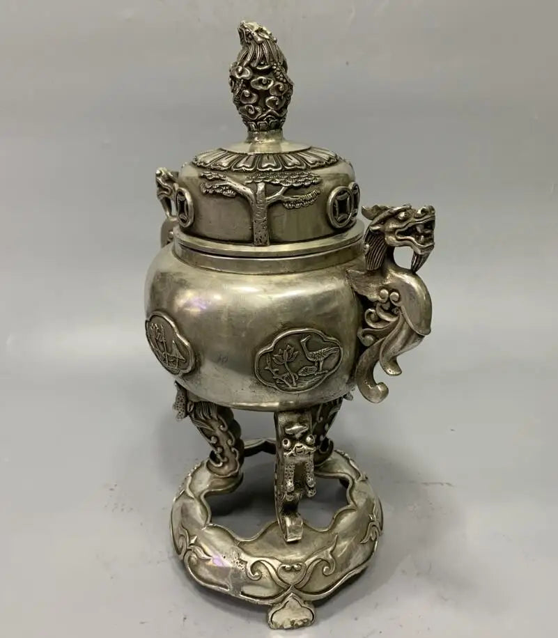 Archaize White copper double dragon ear Incense burner crafts statue