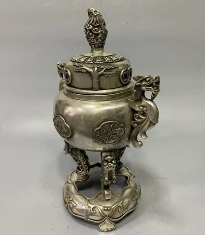 Archaize White copper double dragon ear Incense burner crafts statue