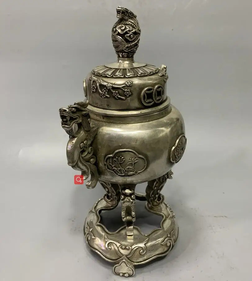 Archaize White copper double dragon ear Incense burner crafts statue