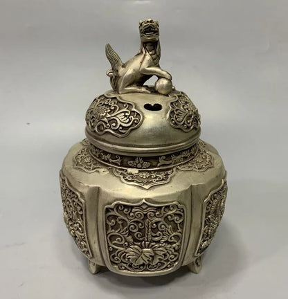 Archaize White copper lion lid Incense burner crafts statue