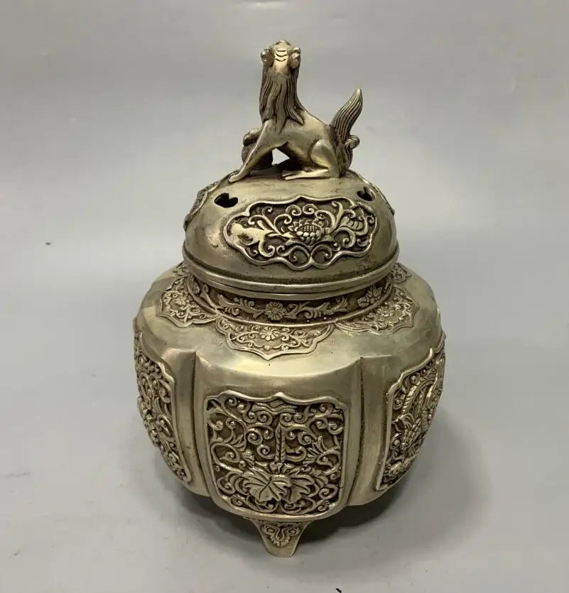 Archaize White copper lion lid Incense burner crafts statue
