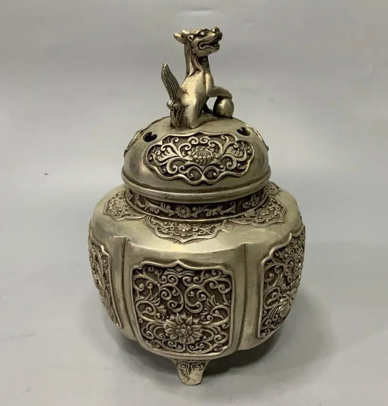 Archaize White copper lion lid Incense burner crafts statue