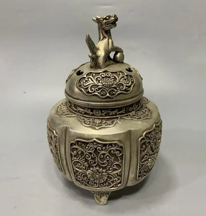 Archaize White copper lion lid Incense burner crafts statue