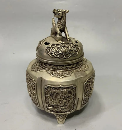 Archaize White copper lion lid Incense burner crafts statue
