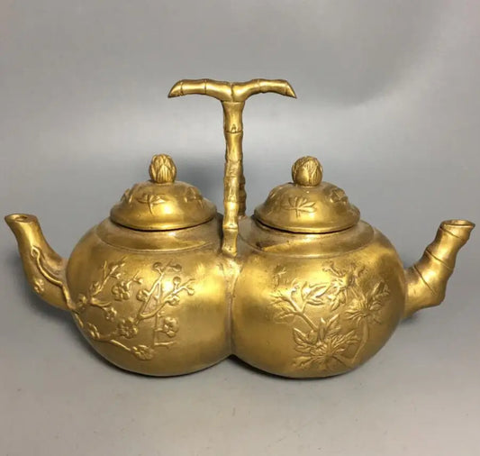 Archaize brass Plum, Orchid, Bamboo and Chrysanthemum conjoined teapot crafts statue