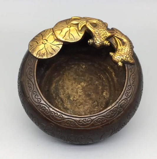 Archaize brass circular Lotus leaf goldfish Pen wash crafts statue