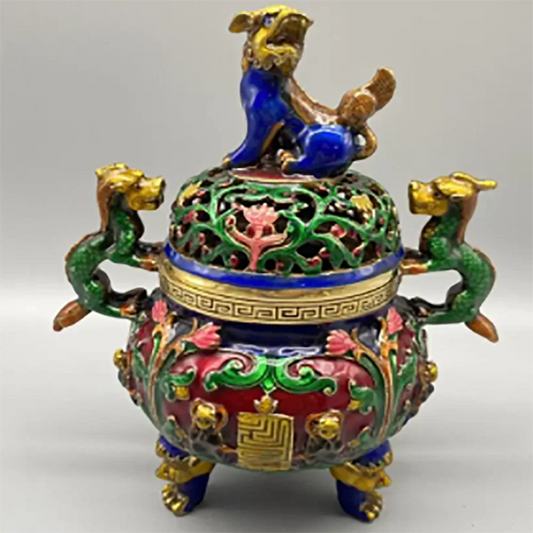 Archaize brass cloisonne double dragon ear Incense burner crafts statue