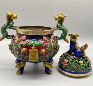 Archaize brass cloisonne double dragon ear Incense burner crafts statue