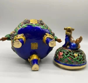Archaize brass cloisonne double dragon ear Incense burner crafts statue
