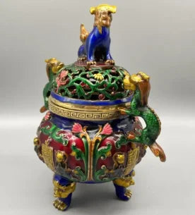 Archaize brass cloisonne double dragon ear Incense burner crafts statue