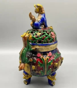 Archaize brass cloisonne double dragon ear Incense burner crafts statue