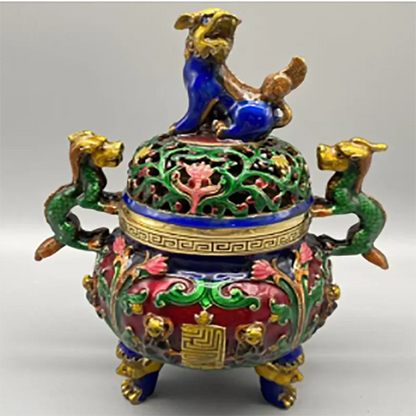 Archaize brass cloisonne double dragon ear Incense burner crafts statue