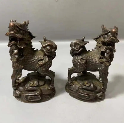 Archaize brass recruit wealth God beast kirin small crafts statue A pair