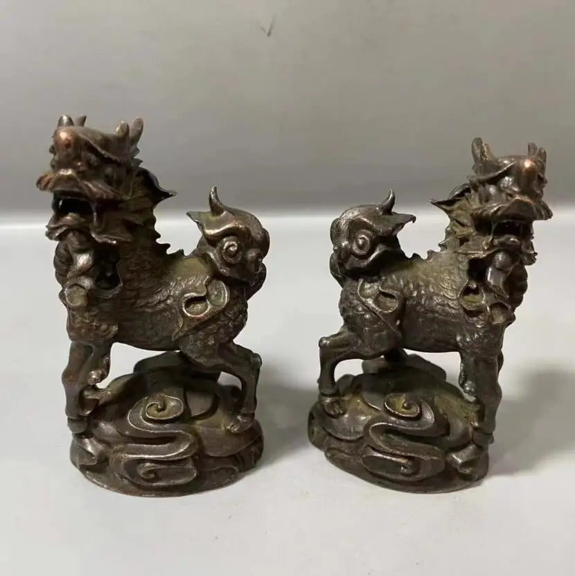 Archaize brass recruit wealth God beast kirin small crafts statue A pair