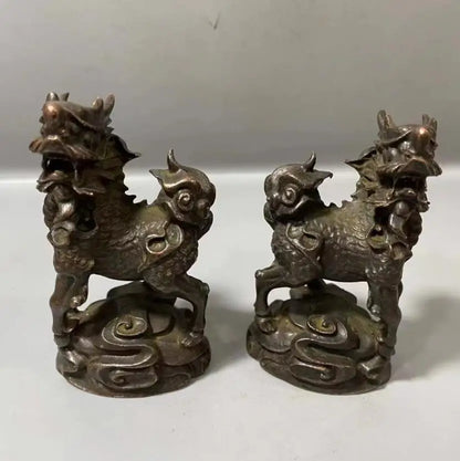 Archaize brass recruit wealth God beast kirin small crafts statue A pair