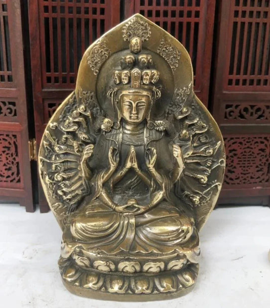 Archaize brass sit lotus thousand hand Guanyin Buddha Home Decor crafts statue