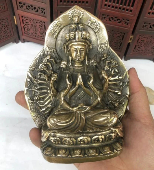 Archaize brass sit lotus thousand hand Guanyin Buddha Home Decor crafts statue