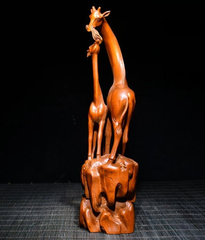Archaize seiko Hand-carved boxwood Mother and son giraffe crafts statue