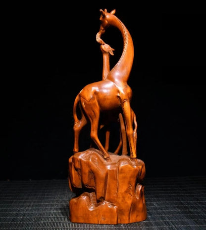 Archaize seiko Hand-carved boxwood Mother and son giraffe crafts statue