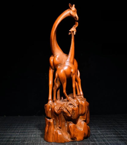 Archaize seiko Hand-carved boxwood Mother and son giraffe crafts statue