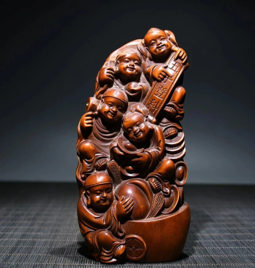 Archaize seiko Hand-carved boxwood recruit wealth five child household decoration crafts statue