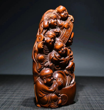 Archaize seiko Hand-carved boxwood recruit wealth five child household decoration crafts statue