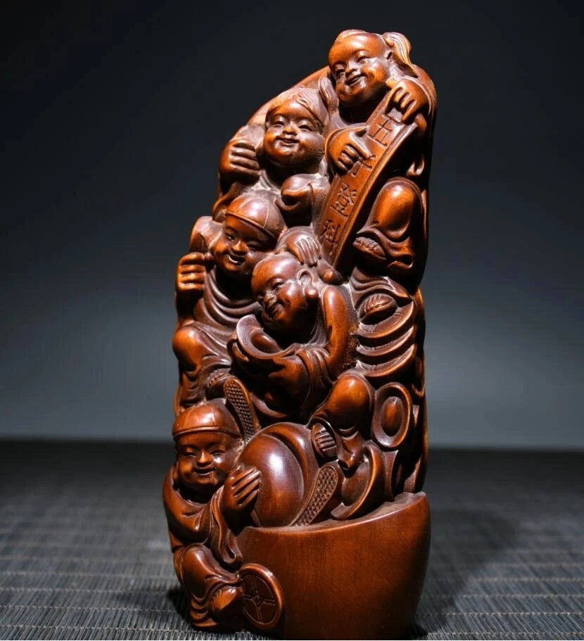 Archaize seiko Hand-carved boxwood recruit wealth five child household decoration crafts statue