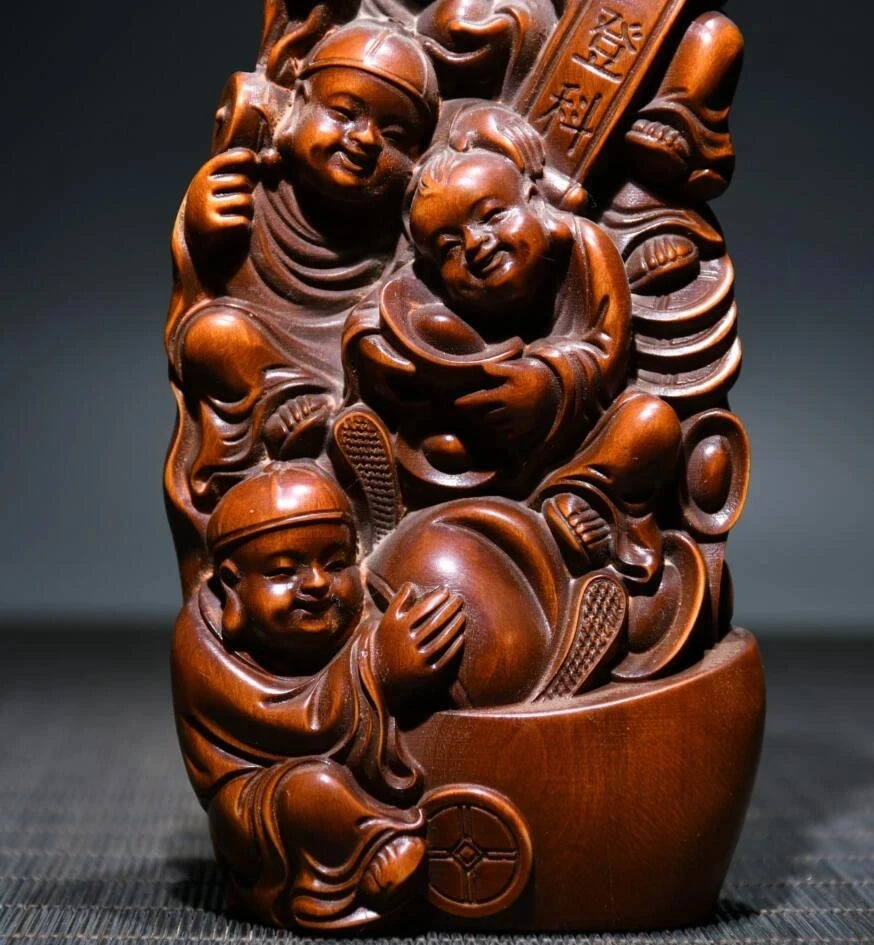 Archaize seiko Hand-carved boxwood recruit wealth five child household decoration crafts statue