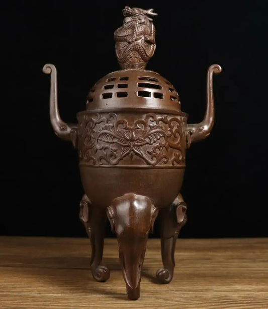 Archaize seiko brass three foot elephant head dragon lid Incense burner crafts statue
