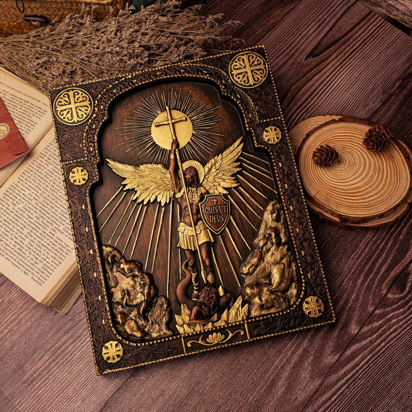 Archangel Michael Square Wooden Icon Guardian Angel Statue Religious Home Church Wall Decor Christian Artwork