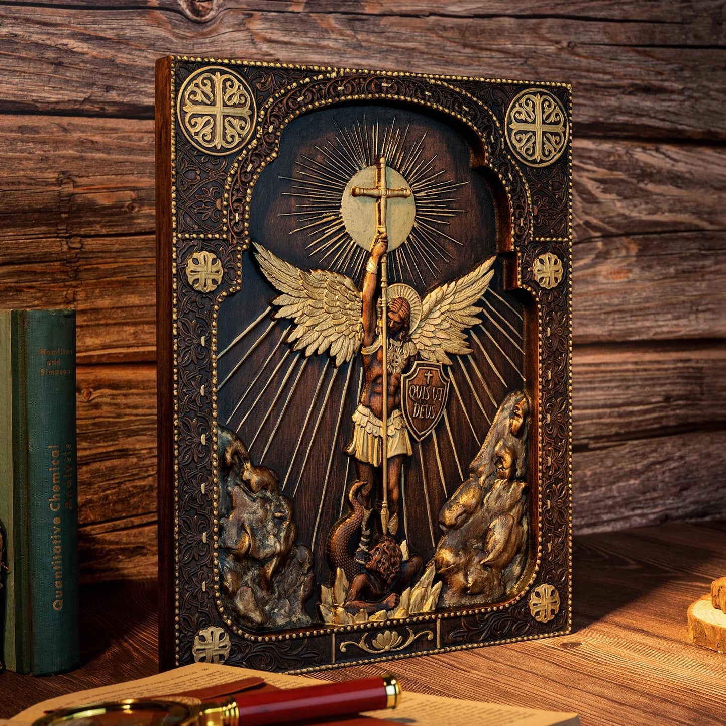 Archangel Michael Square Wooden Icon Guardian Angel Statue Religious Home Church Wall Decor Christian Artwork