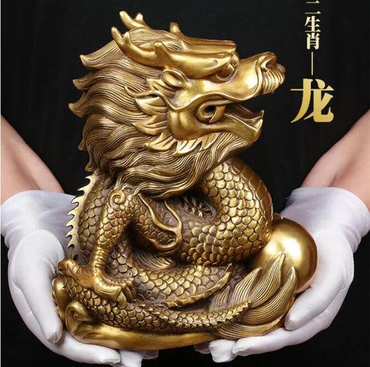 Asia Royal dragon GOD HOME office SHOP Business ART thriving business Wealth GOOD LUCK Mascot FENG SHUI Brass statue