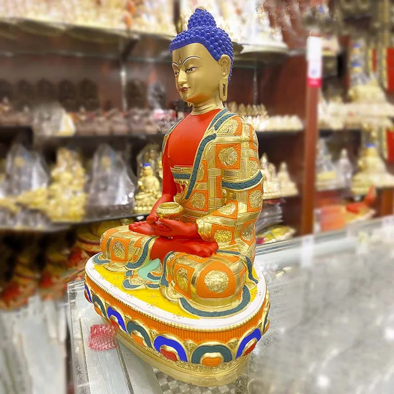 Asia high grade colored draw Good Buddha statue bless family Safety Healthy luck Painted Amitabha Sakyamuni Buddha God statue