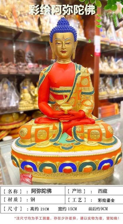 Asia high grade colored draw Good Buddha statue bless family Safety Healthy luck Painted Amitabha Sakyamuni Buddha God statue