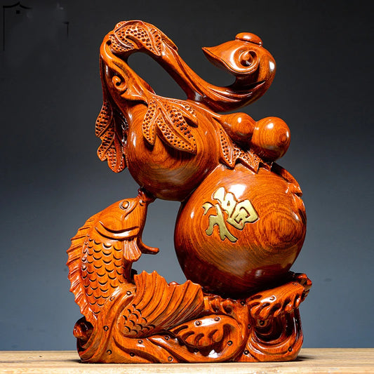 Asia home lobby company SHOP Auspicious Mascot Money drawing GOOD LUCK Gold fish gourd Ruyi WOODEN Sculpture FENG SHUI Statue
