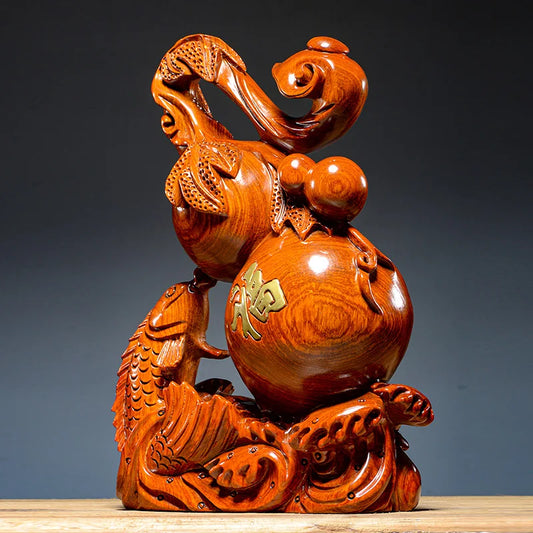 Asia home lobby company SHOP Auspicious Mascot Money drawing GOOD LUCK Gold fish gourd Ruyi WOODEN Sculpture FENG SHUI Statue