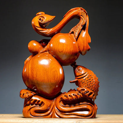 Asia home lobby company SHOP Auspicious Mascot Money drawing GOOD LUCK Gold fish gourd Ruyi WOODEN Sculpture FENG SHUI Statue
