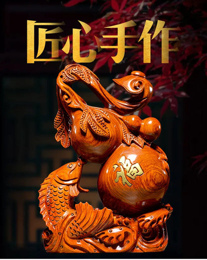 Asia home lobby company SHOP Auspicious Mascot Money drawing GOOD LUCK Gold fish gourd Ruyi WOODEN Sculpture FENG SHUI Statue