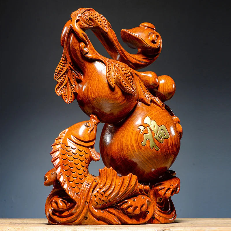 Asia home lobby company SHOP Auspicious Mascot Money drawing GOOD LUCK Gold fish gourd Ruyi WOODEN Sculpture FENG SHUI Statue