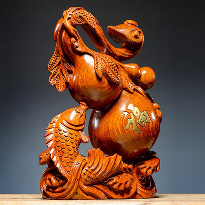 Asia home lobby company SHOP Auspicious Mascot Money drawing GOOD LUCK Gold fish gourd Ruyi WOODEN Sculpture FENG SHUI Statue