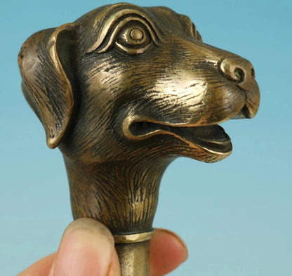 Asian Chinese Old Bronze Handmade Carved Dog Collect Statue Walking Stick Head