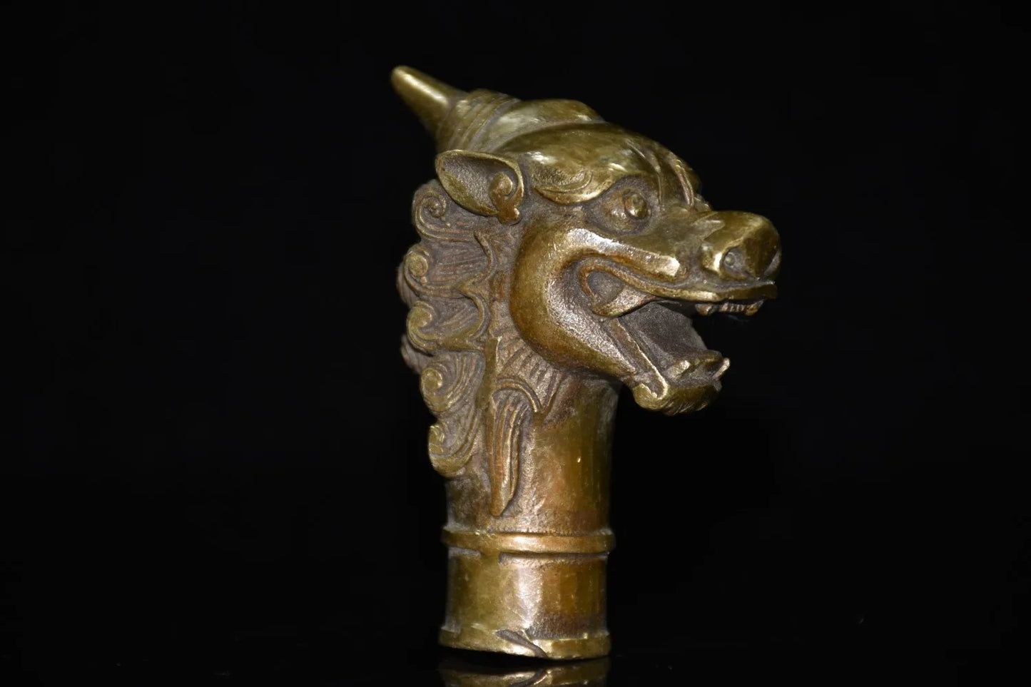 Asian Chinese Old Bronze Handwork Carved Dragon Statue Walking Stick Head