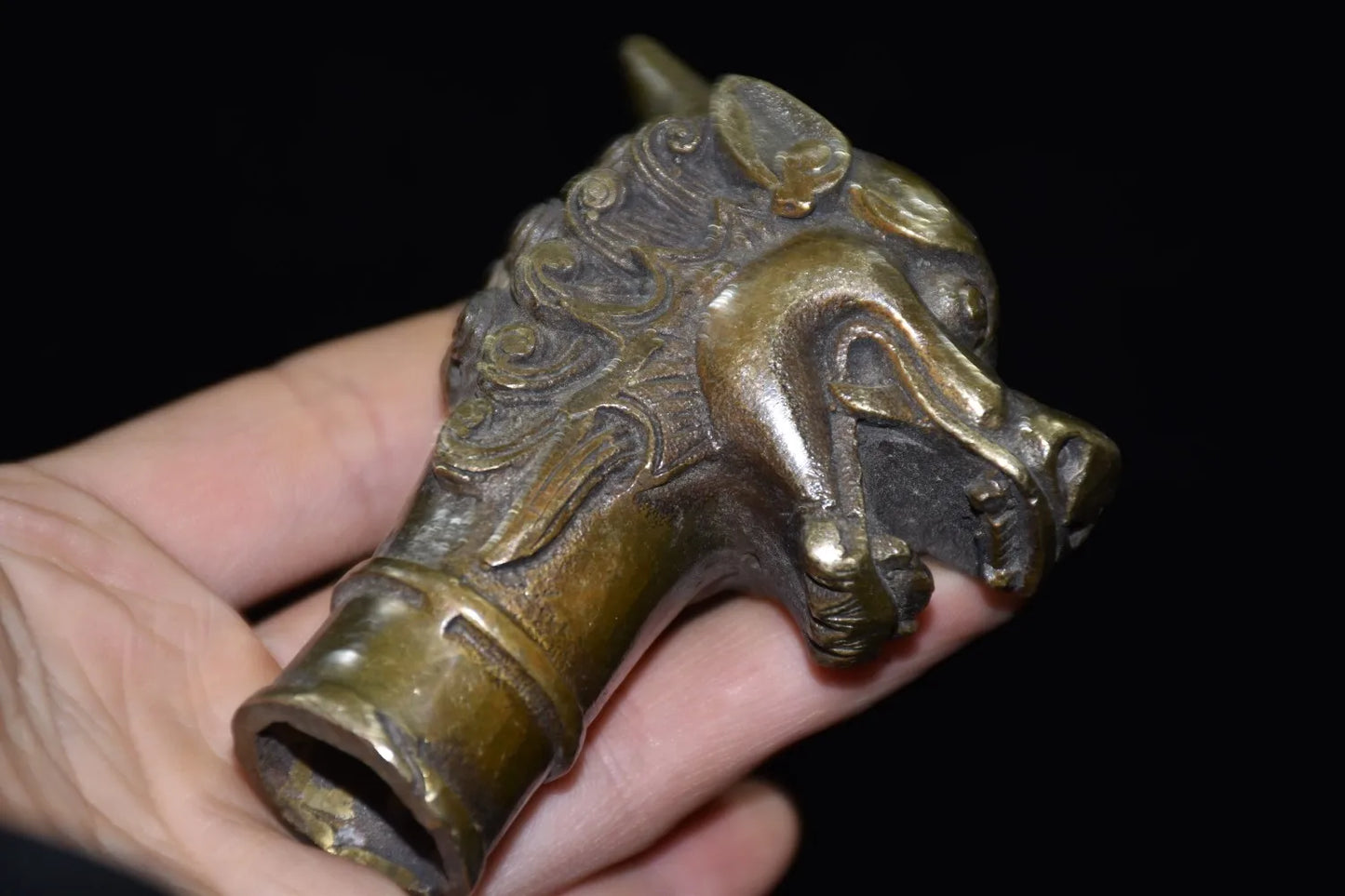 Asian Chinese Old Bronze Handwork Carved Dragon Statue Walking Stick Head