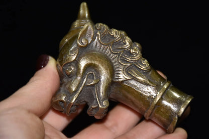 Asian Chinese Old Bronze Handwork Carved Dragon Statue Walking Stick Head