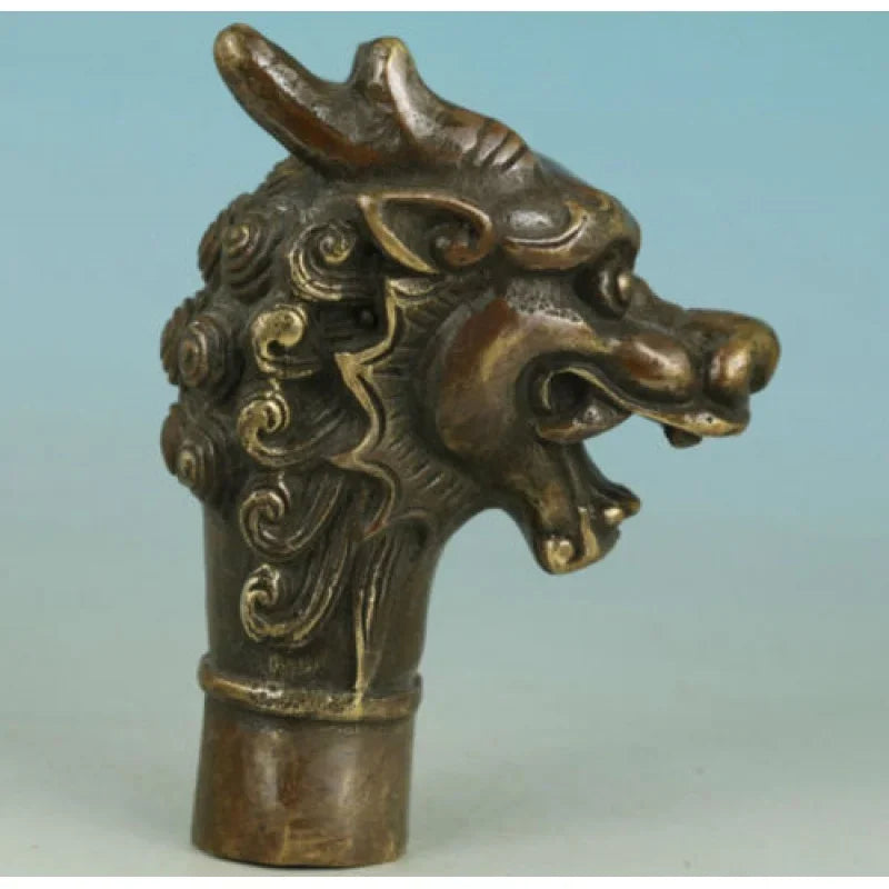 Asian Old Bronze Hand Carved Dragon Statue Walking Stick Head Statues