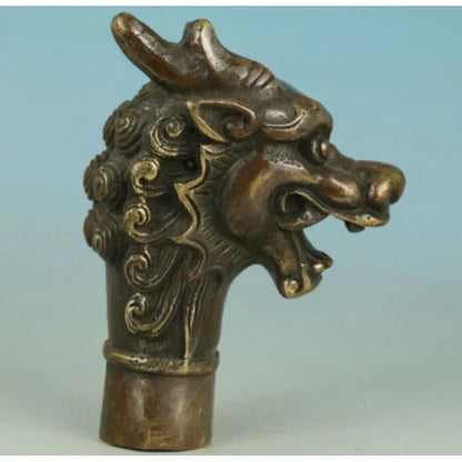 Asian Old Bronze Hand Carved Dragon Statue Walking Stick Head Statues